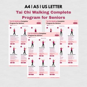 Può includere: Guide stampate per un programma di camminata Tai Chi per anziani. Le guide presentano illustrazioni di esercizi e includono testo come "Gentle Forward Walk" e "Cool Down Walk". Il titolo "Tai Chi Walking Complete Program for Seniors" è visualizzato in alto.