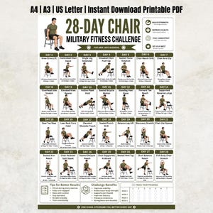 May include: A 28-day chair military fitness challenge printable PDF chart featuring 28 daily exercise illustrations with instructions, a progress tracker, and tips for better results. The layout includes text headers and icons for health benefits.