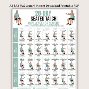 May include: A 28-day seated Tai Chi challenge chart for seniors, featuring a grid of 28 daily exercise illustrations with instructions. The document includes text headers for A3, A4, and US Letter sizes, and a tracker for daily movements.