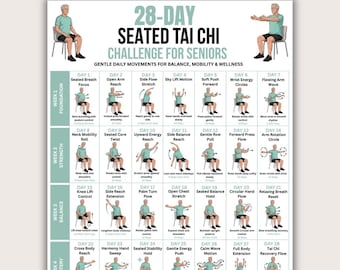 28 Day Seated Tai Chi Challenge for Seniors Men Printable PDF, 4 Week Seated Chair Exercise Program, Balance Mobility Wellness Poster