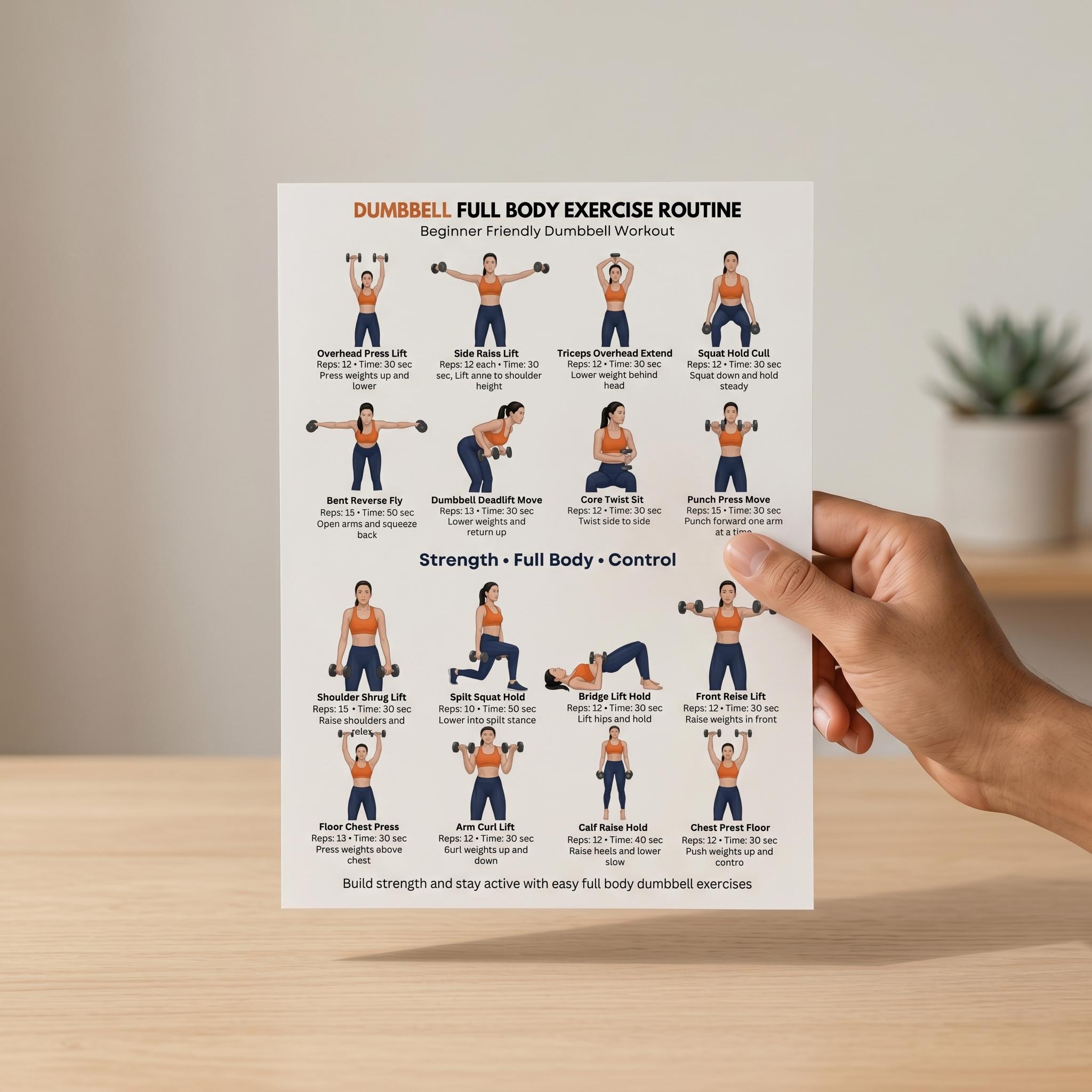 Full Body Dumbbell Workout Printable, Beginner Strength Training Chart ...