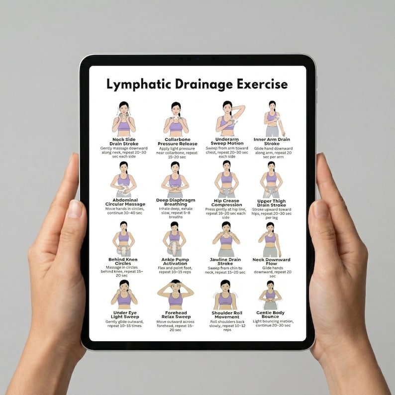 May include: A tablet displays a guide titled "Lymphatic Drainage Exercise." The guide features illustrations demonstrating various massage techniques, including neck, arm, and abdominal strokes, with instructions for each movement. The tablet is held by two hands.