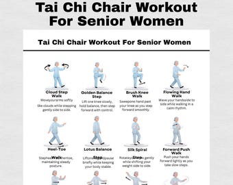 Chair Tai Chi Walking Exercise Chart for Women Printable | Senior Friendly Balance & Mobility Workout | Gentle Daily Movement Guide PDF