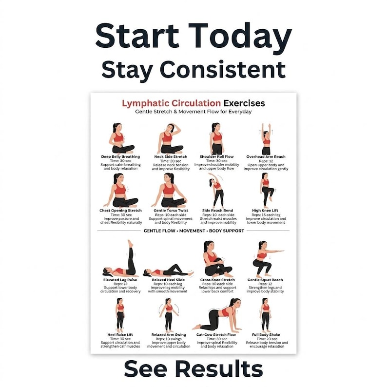 Pu&ograve; includere: Un'infografica bianca con testo nero e illustrazioni di esercizi per la circolazione linfatica. Il testo recita "Start Today Stay Consistent" e "See Results". Gli esercizi includono allungamenti e movimenti per l'uso quotidiano.