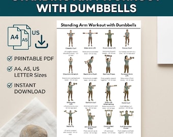 Standing Dumbbell Arm Workout for Women Printable PDF, Upper Body Exercise Chart for Biceps Shoulders Triceps Home Training