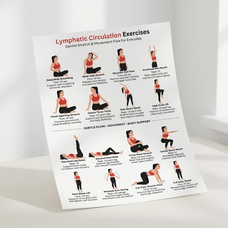 Pu&ograve; includere: Un foglio di carta bianco intitolato "Esercizi di circolazione linfatica" con illustrazioni di vari esercizi di stretching e movimenti. Gli esercizi sono progettati per l'uso quotidiano e includono istruzioni per ogni posa.