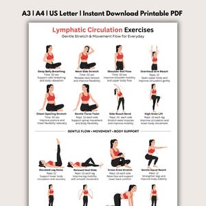 Peut inclure: PDF imprimable avec des exercices de circulation lymphatique. Les exercices comprennent la respiration abdominale profonde, l'étirement latéral du cou, le flux de roulement des épaules, la portée des bras au-dessus de la tête, l'étirement d'ouverture de la poitrine, la torsion douce du torse, l'inclinaison latérale, le lever de genou haut, etc.