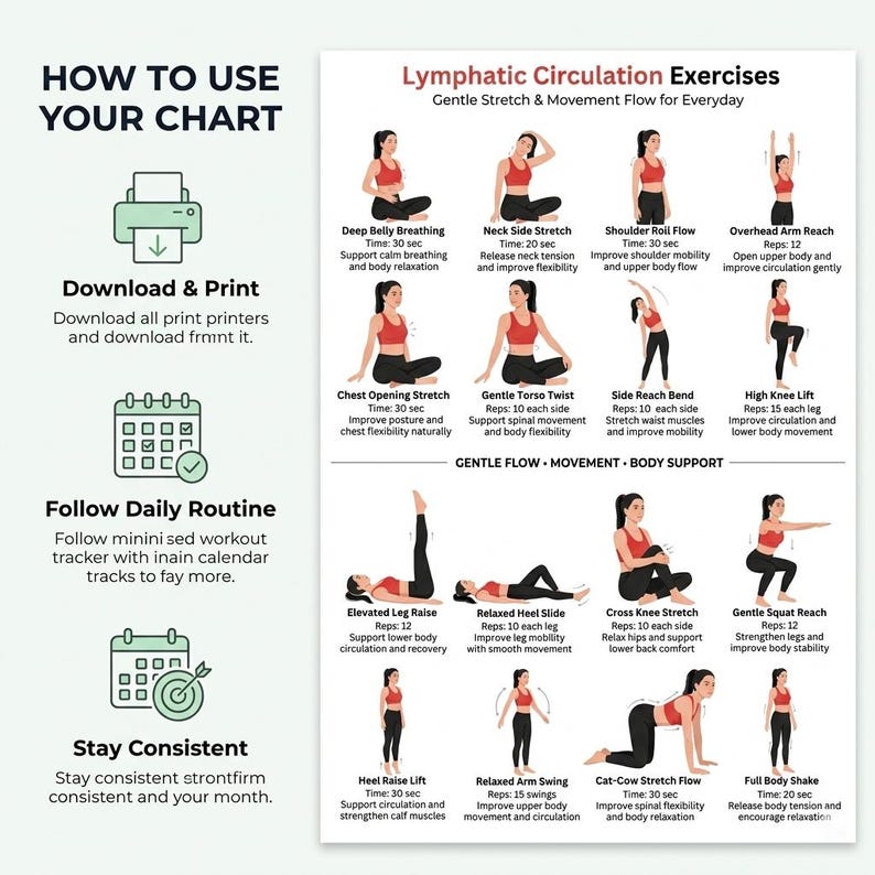 Pu&ograve; includere: Un grafico bianco intitolato "Esercizi di circolazione linfatica" con illustrazioni di vari esercizi di stretching. Il grafico include istruzioni su come usarlo, scaricarlo e stamparlo, seguire una routine quotidiana e rimanere costanti.