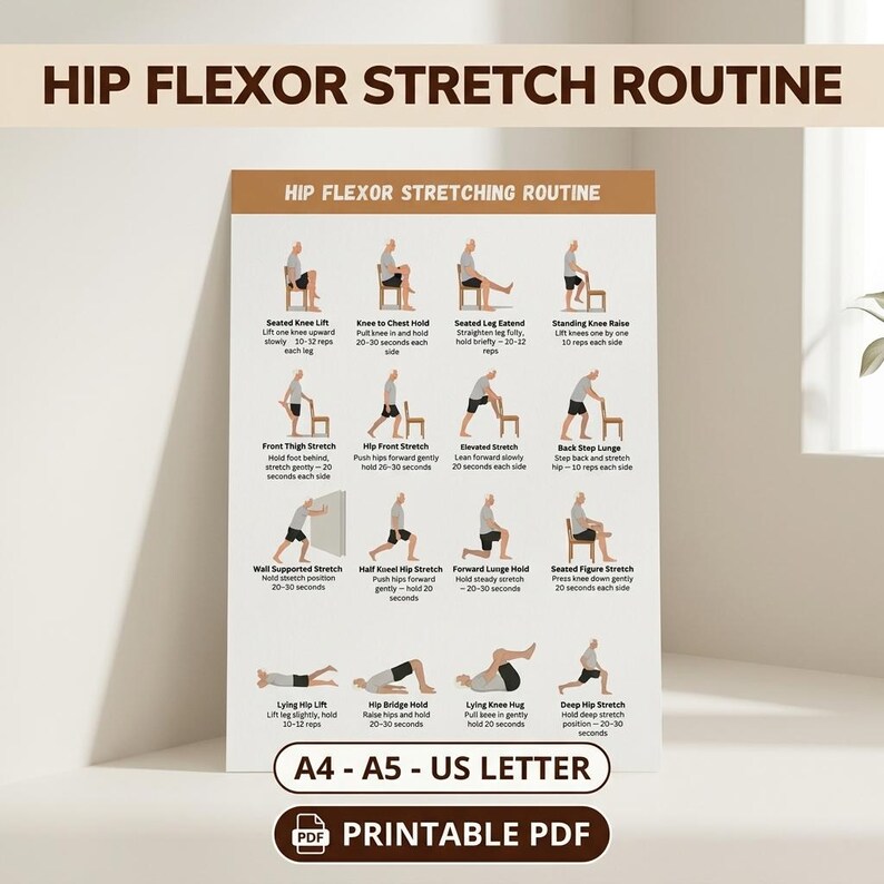 Hip Flexor Stretch Routine Printable for Seniors, Chair & Standing ...