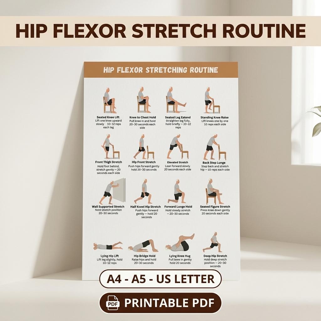 Hip Flexor Stretch Routine Printable for Seniors, Chair & Standing ...