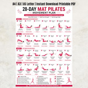 May include: A 28-day mat pilates movement plan printable PDF chart featuring 28 numbered exercise illustrations with instructions. The document includes sections for weekly focus, health tips, benefits, and reminders in black and pink text.