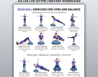 BOSU-bal kern- en balanstraining afdrukbaar, trainingsschema stabiliteitsbal pdf, poster homegym coretraining, trainingsschema balans halve bal