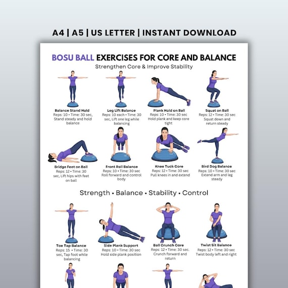 BOSU Ball Core & Balance Workout Printable, Stability Ball Exercise Chart PDF, Home Gym Core Training Poster, Half Ball Balance Workout Plan