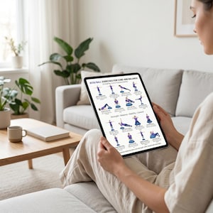 May include: A person holding a tablet displaying BOSU Ball exercises for core and balance. The tablet shows various exercise illustrations in blue and purple, with text describing the exercises. The background includes a living room setting with a couch and coffee table.