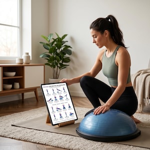 May include: A woman is kneeling near a blue balance ball, with a tablet displaying exercise instructions. The tablet is propped up on a wooden stand. The text on the tablet reads "BOSU Ball Exercises for Core and Balance".