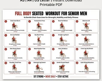 Zittende volledige lichaamstraining voor senioren Afdrukbare pdf, stoeltrainingstabel, seniorenfitnessroutine, poster krachtmobiliteit