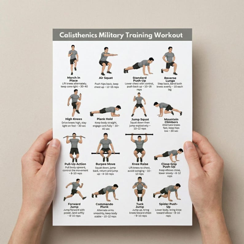 Military Style Calisthenics Workout Printable, Full Body Bodyweight ...