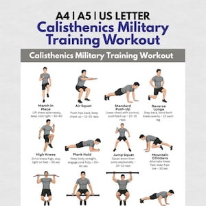 Military Style Calisthenics Workout Printable, Full Body Bodyweight Strength Training Exercises, Home Bootcamp Fitness Routine Chart PDF