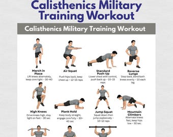 Military Style Calisthenics Workout Printable, Full Body Bodyweight Strength Training Exercises, Home Bootcamp Fitness Routine Chart PDF