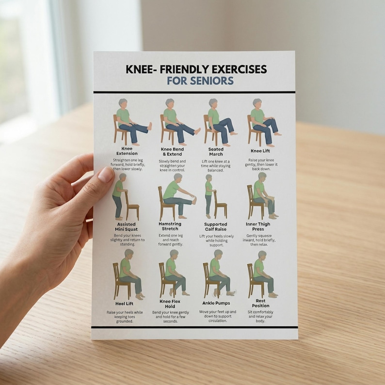 Knee Friendly Exercises for Seniors Printable, 12 Gentle Chair ...