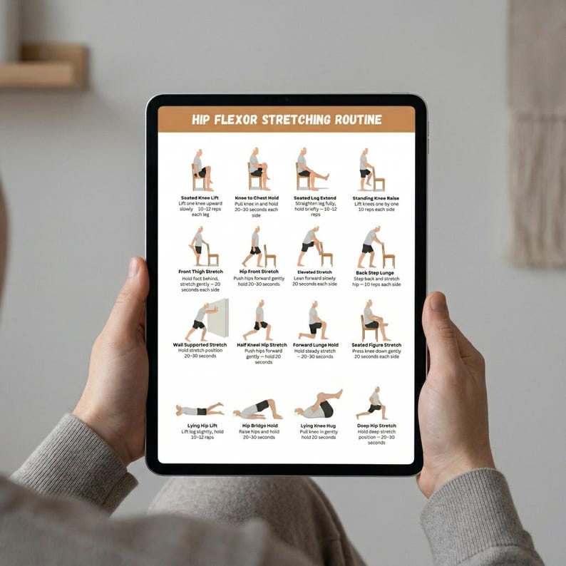 Hip Flexor Stretch Routine Printable for Seniors, Chair & Standing ...