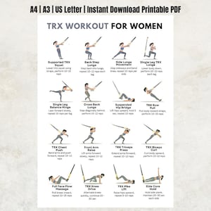 May include: A printable TRX workout guide featuring sixteen illustrated exercise steps with text instructions. The document includes titles like Supported TRX Squat, Back Step Lunge, and TRX Row Pull, formatted for A4, A3, and US Letter paper sizes.