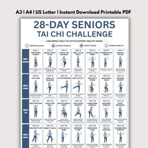 May include: A printable 28-day seniors Tai Chi challenge chart featuring a grid of daily exercises. The document includes text headers, icons for balance and mobility, and illustrations of a person performing various movements for each day.