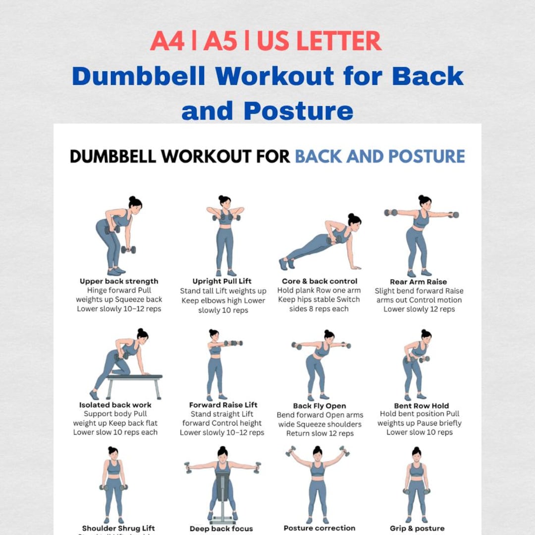 Dumbbell Back Workout Printable PDF, Posture Correction Exercise Chart ...