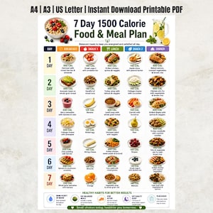 Pode incluir: Um plano alimentar de 7 dias e 1500 calorias em formato PDF imprimível. O documento apresenta um layout de grade com sugestões de refeições diárias para café da manhã, dois lanches, almoço e jantar, incluindo contagem de calorias e imagens.
