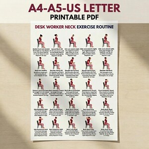 Esercizi per il collo per chi lavora alla scrivania (PDF stampabile), tabella per alleviare il dolore al collo in ufficio, poster con esercizi di stretching da seduti, guida al fitness per chi lavora al computer.