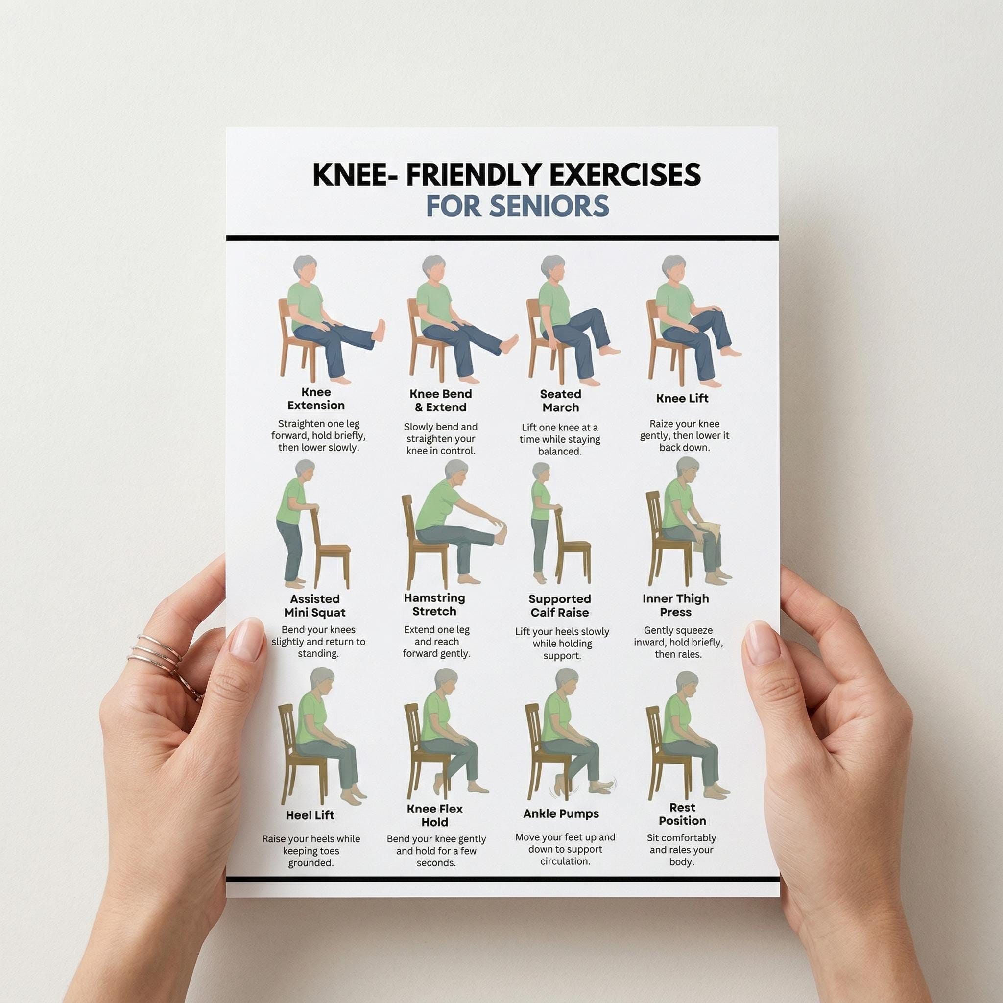 Knee Friendly Exercises for Seniors Printable, 12 Gentle Chair ...