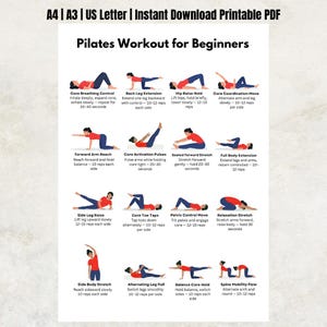 Peut inclure: Une affiche PDF imprimable Pilates Workout for Beginners présentant seize exercices illustrés. Chaque personnage porte un haut rouge et un pantalon bleu, avec des instructions textuelles détaillant les mouvements comme la respiration et les étirements.