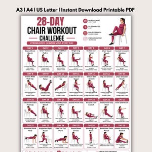 Pode incluir: Um gráfico PDF imprimível de desafio de treino em cadeira de 28 dias com uma grade de 28 rotinas diárias. Cada caixa exibe uma ilustração cor de vinho de uma pessoa realizando um movimento específico em uma cadeira com instruções.