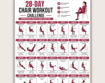 28-daagse stoeltrainingsuitdaging voor vrouwen Afdrukbare pdf, zittend fitness lichaamsgewichtplan, stoeltrainingstabel, thuistrainingposter