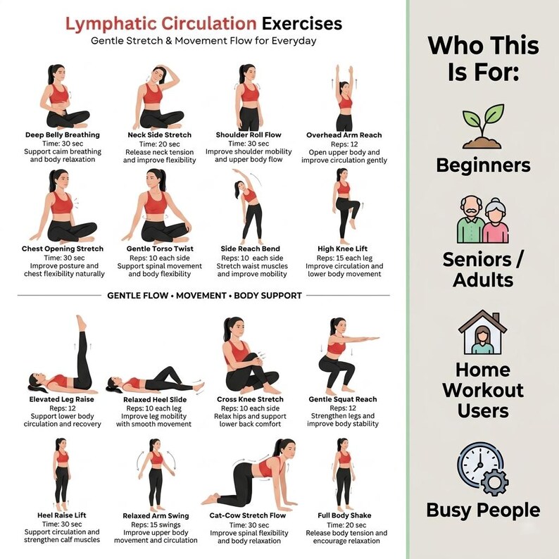 Pu&ograve; includere: Infografica con esercizi per la circolazione linfatica, con stretching e movimenti delicati per tutti i giorni. Adatto a principianti, anziani, utenti di allenamenti a casa e persone impegnate. Dettagli di esercizi, tempo e ripetizioni.