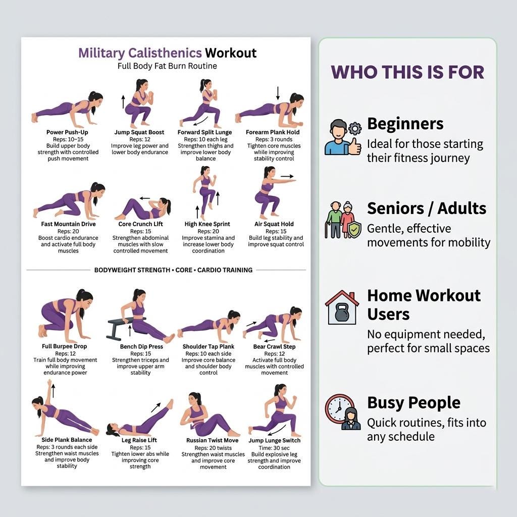 Military Calisthenics Workout Printable PDF, Full Body Bodyweight ...