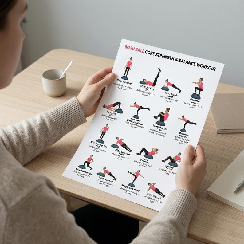 May include: A printed workout guide titled "BOSU BALL CORE STRENGTH & BALANCE WORKOUT" featuring illustrated exercises. The guide includes instructions for balance holds, squats, and other core exercises. The person is holding the guide.