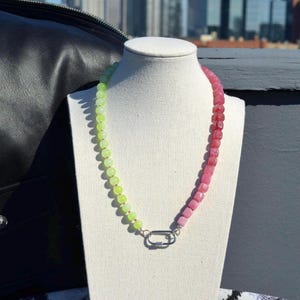Split Decision | Pink & Green Jade Beaded Carabiner Necklace | Silver Hardware