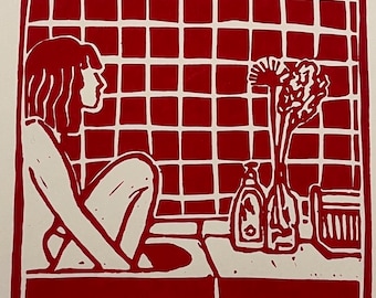 Linocut "In the Sink" – Bathtub and Woman Print – Solar Wall Art – Signed Limited Edition