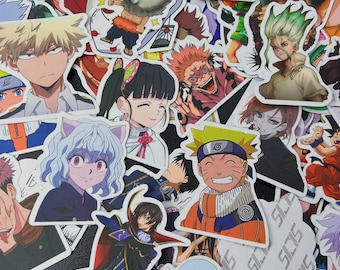 May include: A collection of assorted vinyl stickers featuring various anime characters with distinct hairstyles, facial expressions, and colorful outfits. The stickers are layered over one another, displaying a variety of artistic styles and character designs.