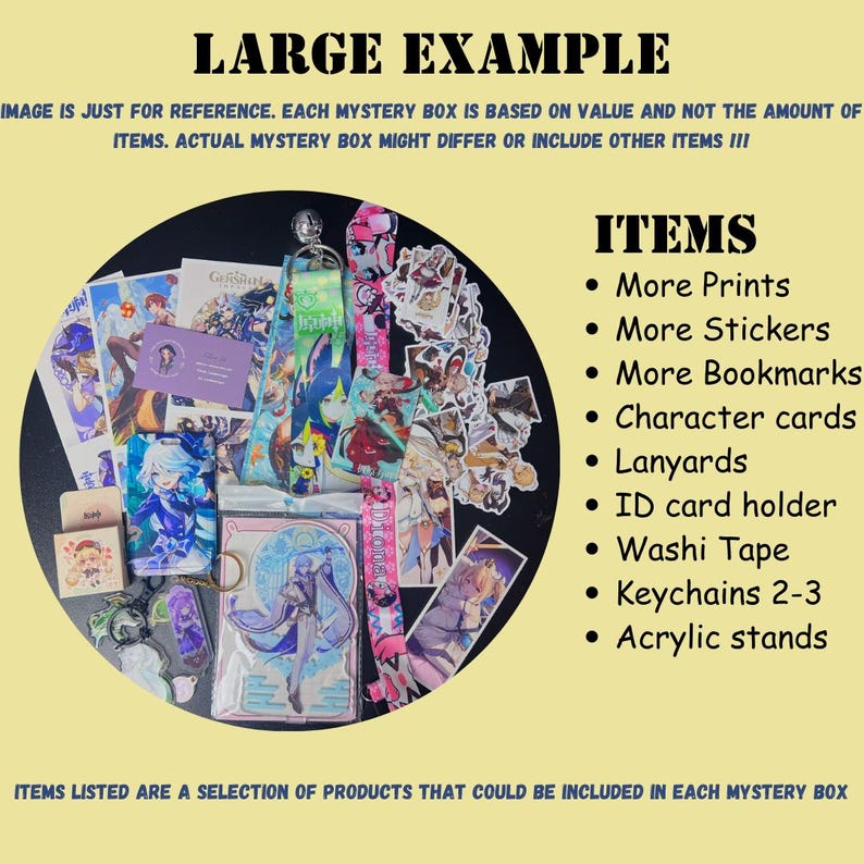 May include: A collection of anime-themed merchandise, including prints, stickers, bookmarks, character cards, lanyards, an ID card holder, washi tape, keychains, and acrylic stands. The items are arranged in a circular pattern. Text on the image reads "LARGE EXAMPLE" and "ITEMS".