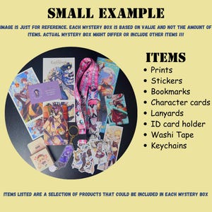 May include: A collection of anime-themed merchandise, including prints, stickers, bookmarks, character cards, lanyards, and keychains. The image features a variety of colorful items arranged on a black circular background, with text that reads "SMALL EXAMPLE" and "ITEMS".