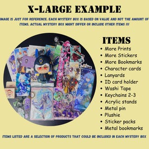 May include: An assortment of merchandise, including prints, stickers, bookmarks, and keychains, is displayed in a circular arrangement. The image features a plushie, acrylic stands, and other items. Text at the top reads "X-LARGE EXAMPLE" and lists the items.