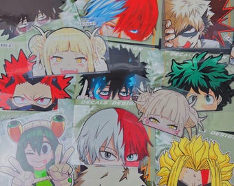 May include: A collection of My Hero Academia character decals featuring various anime figures including Shoto Todoroki, Katsuki Bakugo, Himiko Toga, Dabi, Izuku Midoriya, Tsuyu Asui, and All Might, each displayed on individual clear backing sheets.