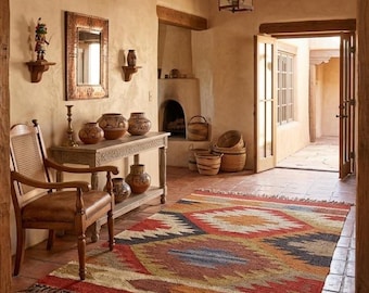 Puede incluir: Una alfombra rectangular con un patrón geométrico en tonos rojo, naranja, azul y crema con bordes de flecos. La alfombra está colocada sobre un suelo de baldosas de terracota en una habitación con vigas de madera y una consola.