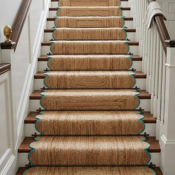 Geschulpte jute traploper – groenblauwe rand, vloerkleed van natuurlijke vezels – handgeweven boho woondecoratie