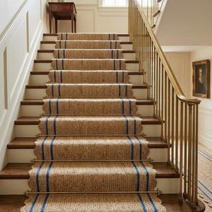 May include: A staircase featuring a woven tan jute runner with two vertical blue stripes running down the centre. The runner is secured to the dark wood steps with metallic gold stair rods. A matching gold metal railing runs along the side.