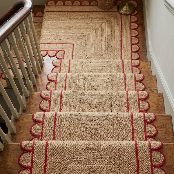 Scalloped Jute Stair Runner Rug | Red Border, Braided Natural Fiber Treads, Coastal Farmhouse Decor