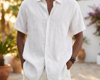 Katoenen linnen herenshirt met korte mouw: casual strandzomertop