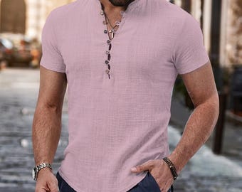 Katoenen linnen herenshirt met V-hals en knoopsluiting: lichtgewicht casual zomertop
